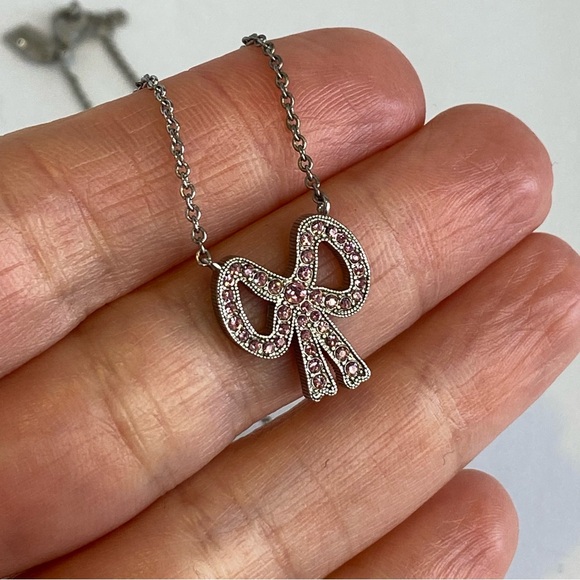 Coach Pink Bow Necklace Swarovski Crystal Silver Tone 16" Adjustable Signed - Picture 6 of 9